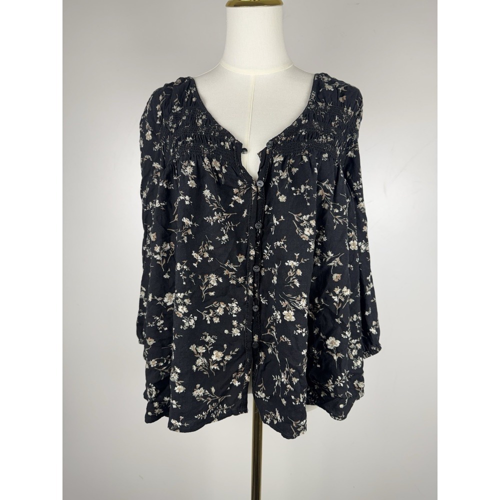Denim Supply Ralph Lauren L Black Floral Peasant Top Lace Trim Boho Western